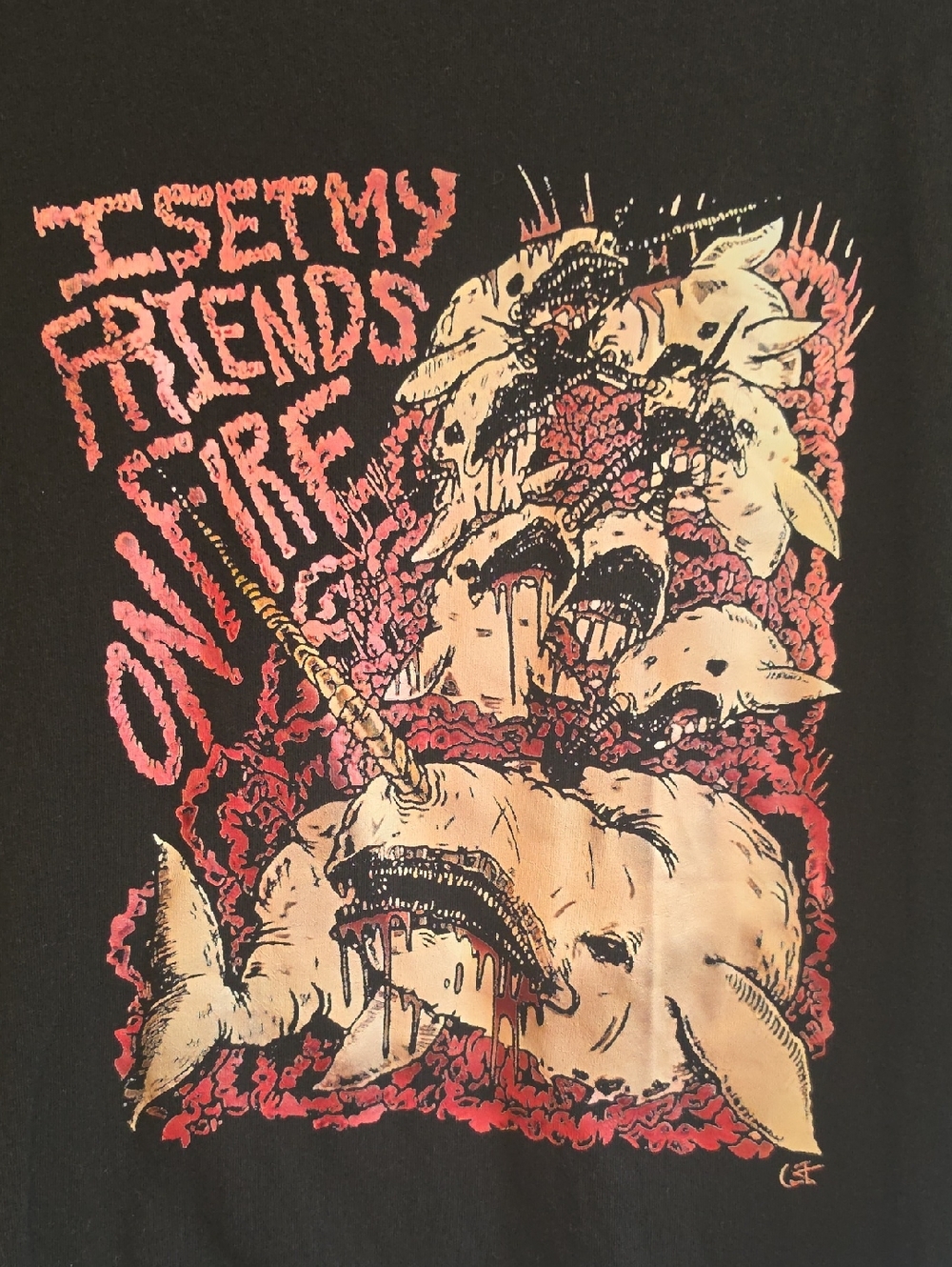 I Set My Friends On Fire Band Tee Black Tee With Horror Narwhal Design